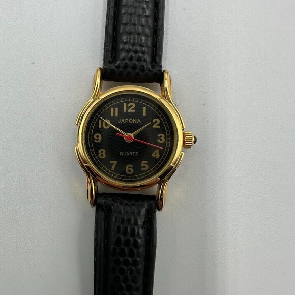 3/$30 Japona Watch Women Gold Tone Black Dial Embossed Leather Band  7.5" - Picture 2 of 15